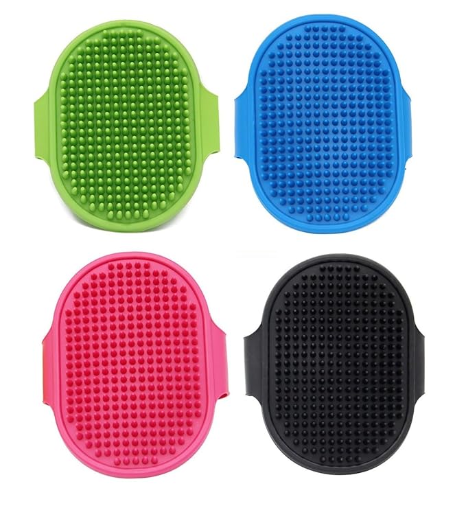 4 Pcs Dog Bath Brush, Pet Bath Comb Brush Soothing Massage Rubber Comb 4pcs with Adjustable Ring Handle for Long Short Haired Dogs and Cats (blue rose green black), Pink,Green,Blue,Black