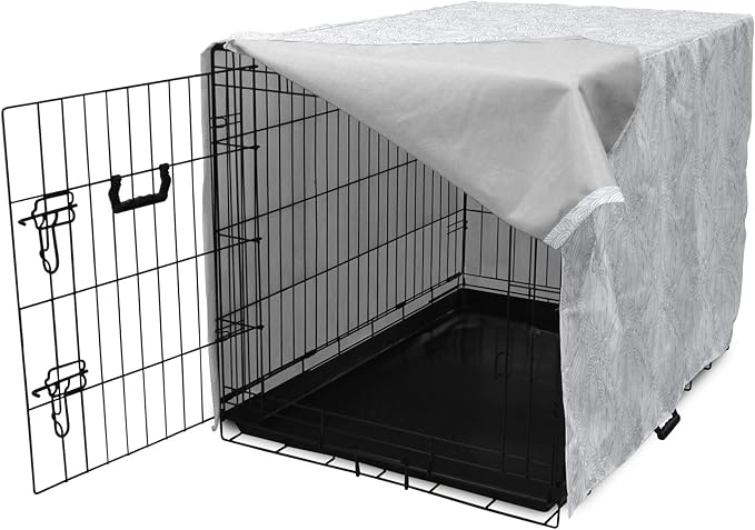 Ambesonne Grey and White Dog Crate Cover, Doodle Style Botanical Leaves Pattern Shabby Ornamental, Easy to Use Pet Kennel Cover for Small Dogs Puppies Kittens, 18 Inch, Pale Blue Grey and White