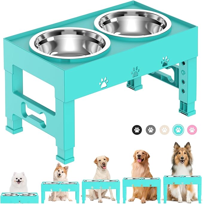 Elevated Dog Bowls with 2 Stainless Steel Bowls, Raised Dog Food Bowl Stand 5 Height Adjustable (3.1", 9", 10", 11", 12") Non-Slip Feeder Set for Medium and Large Dogs - Turquoise