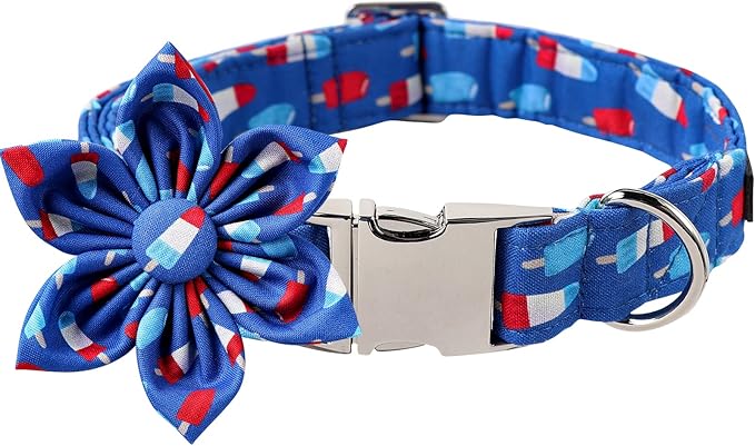 Lionet Paws Patriotic Female Dog Collar with Flower, 4th of July, Soft and Comfortable Adjustable Summer Popsicle Collar for Puppies and Cats, XS, Neck 8-12 inches