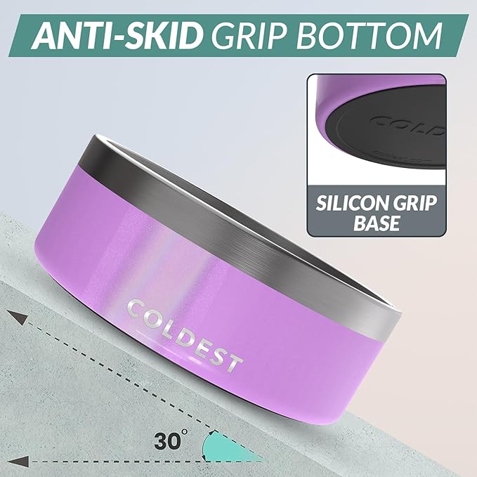 Coldest Dog Bowl - Anti Rust Metal, Non Slip, 3 Layers Insulated Stainless Steel Dog Bowls - Spill Proof & Heavy Duty - Water Bowl for Dogs, Cats, Dish Washer Safe (64 oz, Saturns Purple Glitter)