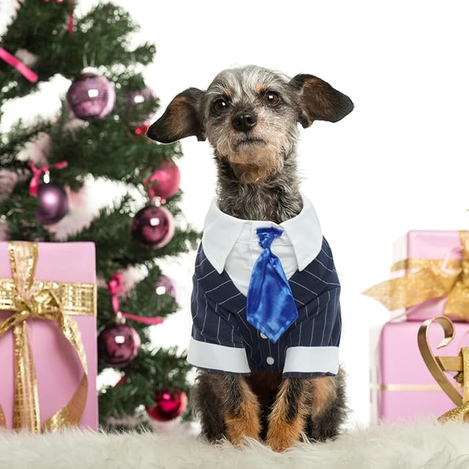 DENTRUN Navy Blue Dog Tuxedo - Formal Pinstripe Pet Suit Shirt with Satin Tie, Elegant Wedding Outfit Birthday Party Attire for Maltese Dachshund Corgi Beagle Medium Large Dogs (Polyester), L