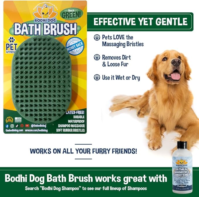 Bodhi Dog Shampoo Brush - Pet Grooming & Bath Supplies for Cats and Dog - Bath Brush for Long & Short Hair - Premium Scrubber for Shower, Bathing & Massage (One Pack, Dark Green)