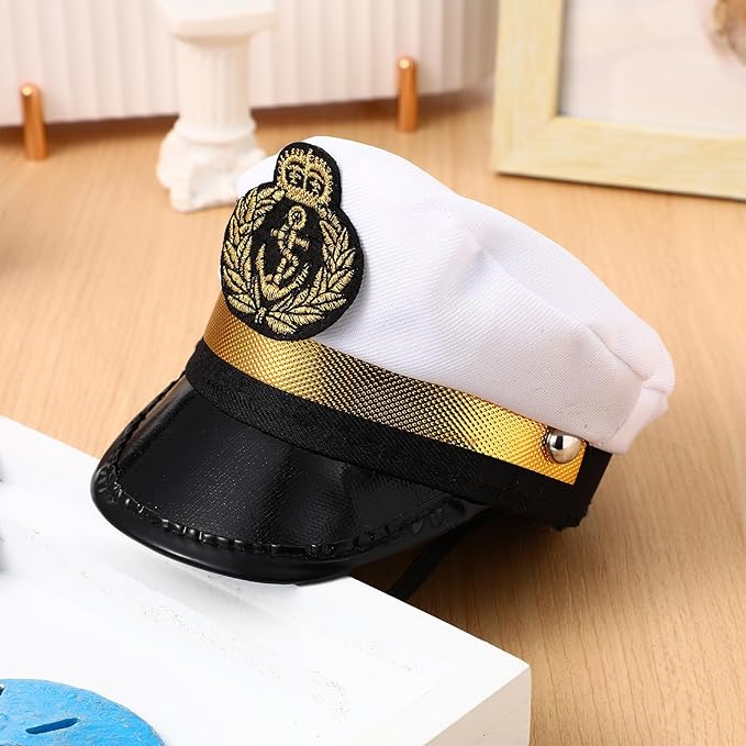 Amosfun Pet Captain's Hat Sailors Sea Captain White Captain Hat Dog Cat Puppy Sailor Halloween Cosplay Costume Hat 5.3 Inch