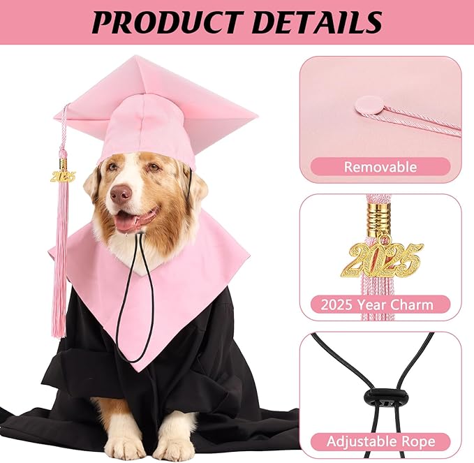 Pet Graduation Cap Small Dog Graduation Hats with 2025 Tassel Pet Graduation Costume for Dogs Cats Photo Prop Holiday Costume Accessory (Pink)