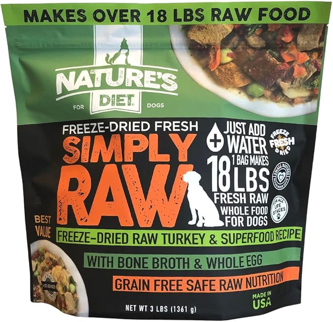 Nature's Diet Simply Raw® Freeze-Dried Raw Whole Food Meal - Makes 18 Lbs Fresh Raw Food With Muscle, Organ, Bone Broth, Whole Egg, Superfoods, Fish Oil Omega 3, 6, 9, Probiotics & Prebiotics (turkey)