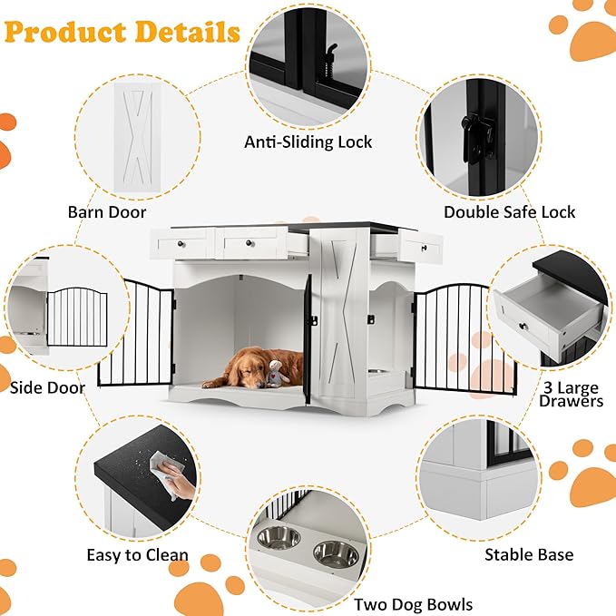 Ball & Cast 43.3" 2-in-1 Dog Crate Furniture,Modern Indoor Kennel with 2 Drawers&Storage Shelves,Double Doors&Double Locks Design for 41-70 lbs Dogs,Living Room,Kitchen,Entryway Side Table,White
