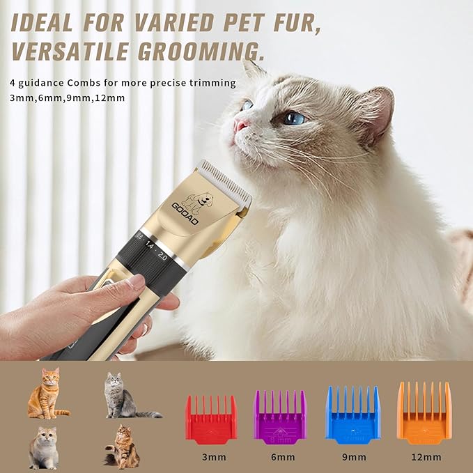 Goood Cat Clippers for Matted and Long Hair - Quiet Cordless Grooming Kit with Paw Trimmer and Nail Grinder for Cats, Small Dogs & Animals
