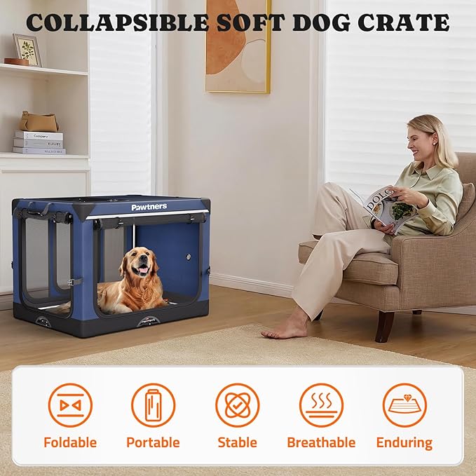 Collapsible Dog Crate: 42 Inch Foldable Soft Sided Dog Crate for Extra Large Dogs, Portable Dog Travel Kennel with Soft Mat for Indoors & Outdoors, Blue