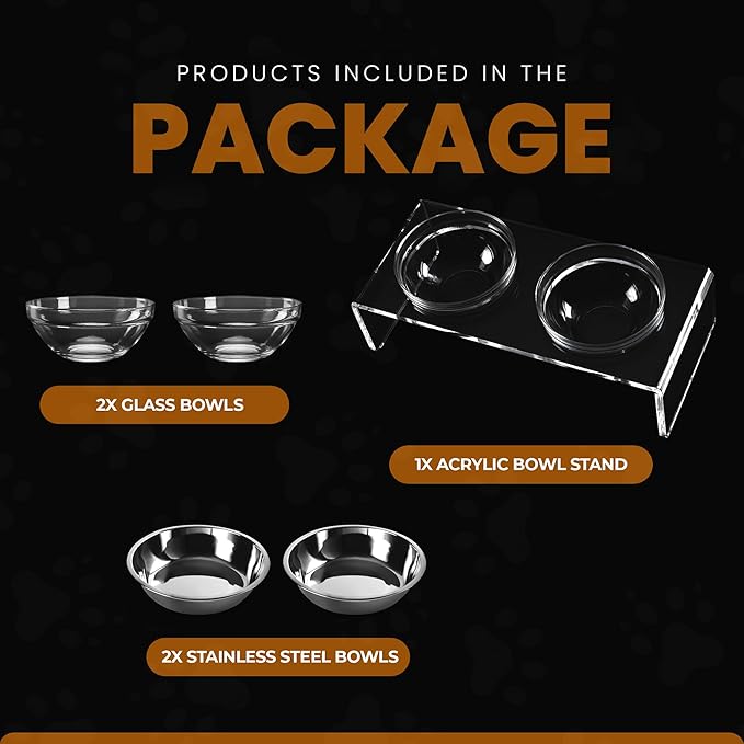 Acrylic Elevated Dog Cat Bowls Pet Feeder Double Bowl Raised Stand Comes with 2 Removable Glass Bowls and 2 Stainless Steel Bowls.Perfect for Large Dogs, 7.2" Tall