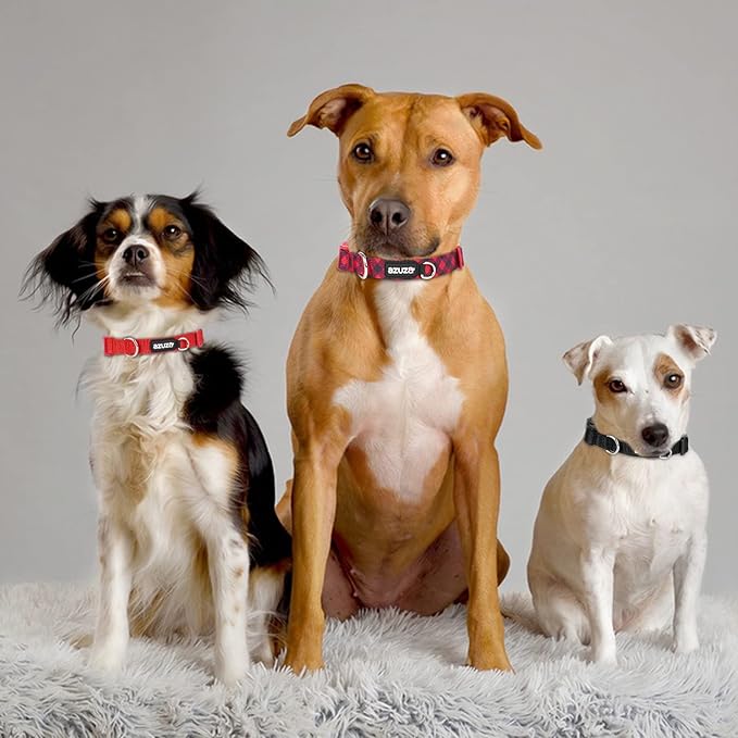 azuza 3 Pack Christmas Nylon Dog Collars Buffalo Check Durable and Comfortable Dog Collars with ID Tag Ring Adjustable for Large Dogs, L (18-26inch)
