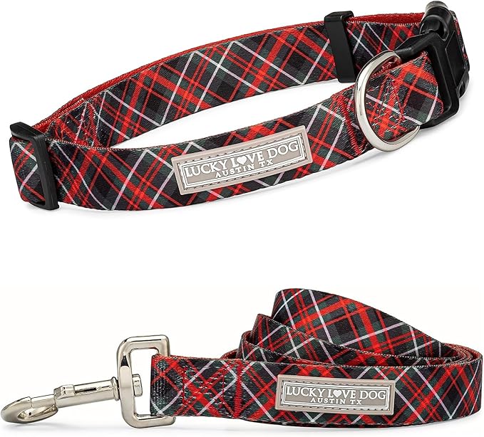 Lucky Love Dog Collar and Leash Set, Beautiful Evergreen Dog Collar, Vivid Berry Plaid Dog Collar for Boy and Girl Dogs - (Extra Large, Heywood Combo)