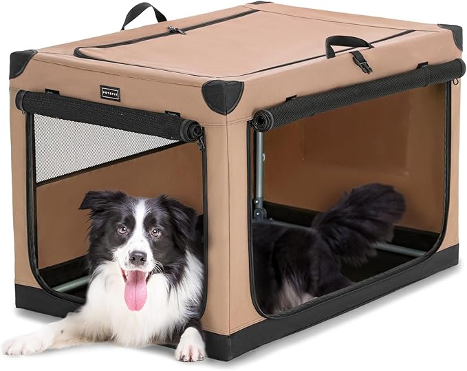 PETSFIT Collapsible Dog Crate, Portable Dog Crate-36 Inch Lightweight, Easy Setup, Sturdy, Adjustable Framework with 3 Mesh Door, Soft Dog Kennel Indoor Khaki