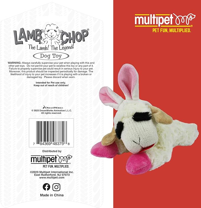 Multipet Lamb Chop Dog Plush Toy w/Easter Bunny Ears - Squeaky Dog Toy for All Dogs - Extra Soft Plush Dog Toy - Stuffed Animal Dog Toy for Cuddling & Playing - Cute Pet Toy (6”, Cream/Pink)