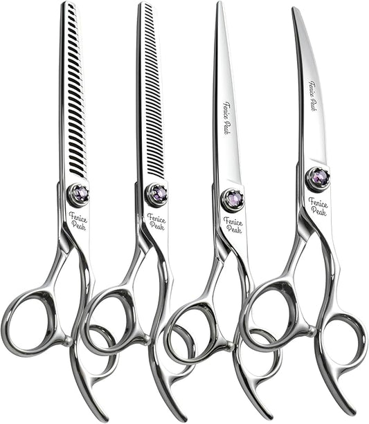 Fenice Peak 7 inch Dog Grooming Scissors Set 4PCS Straight Curved Thinner Chunker Professional Dog Shears Made of Japanese 440C Stainless Steel with Jewelled Screw Durable and Sharp