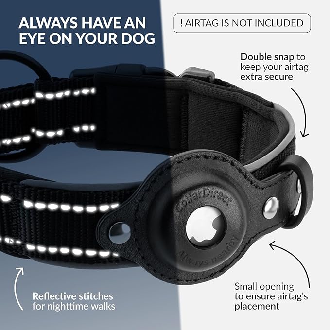 CollarDirect Airtag Dog Collar Reflective Nylon Neoprene Leather Holder for Apple Air Tag for Large, Medium, and Small Dogs (Black, S, 12-14.5 Inch)