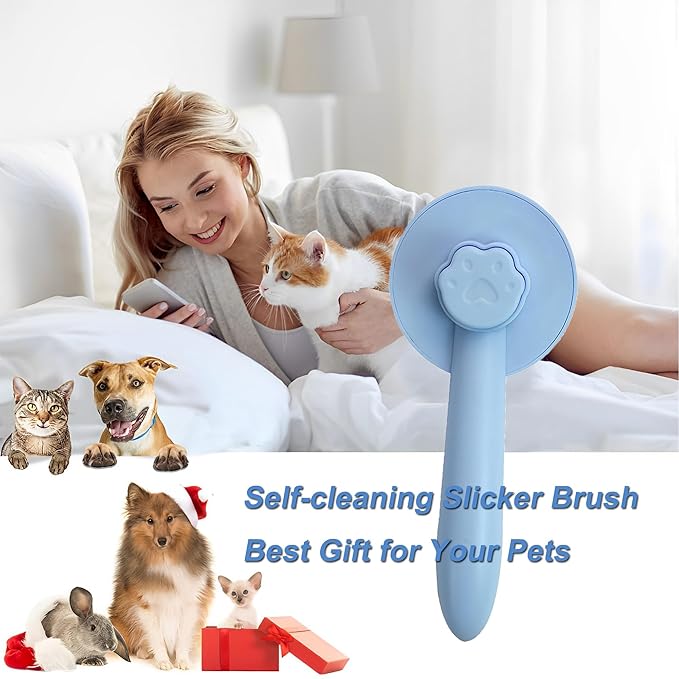 Cat Brush for Shedding,Pet Grooming Self Cleaning Slicker Brush,Removes Mats,Tangles and Loose Hair,Shedding Brush for Short or Long Haired Cats Dogs (Blue)