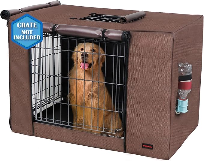 Dog Crate Cover 42 Inch - Waterproof Kennel Cover with Top Window, 600D Oxford Fabric Dog Cage Cover Fit for Most Double Door Wire Crate, Unique Drinking Hole Design, Brown (Cover Only)