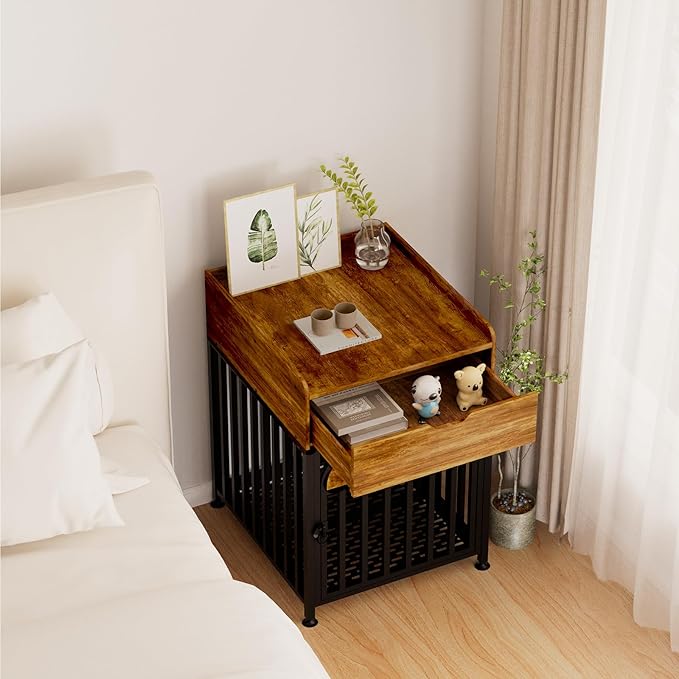 Dog Crate Furniture for Small Dogs, Chew-Proof Steel-Tube Dog Cage, Indoor Pet Crate End Table with Pet Mat, Decorative Dog Kennel with Drawer