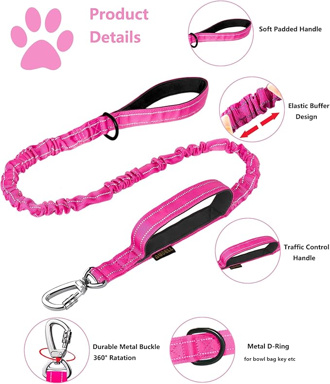 AUBELL Tactical Dog Collar and Leash Set, Adjustable Military Nylon Reflective Dog Leash and Collar with Handle and Heavy Metal Buckle for Medium Large Dogs, with Airtag Holder and 2 Patches(Pink, L)