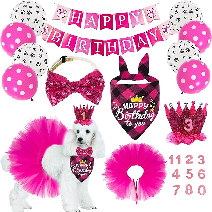 Dog Birthday Bandana Girl Dogs Birthday Party Supplies with Red Tutu Crown Scarf Numbers Red Bowtie Tutu Skirt Paw Balloons for Girl Dog Birthdays Decorations Supplies