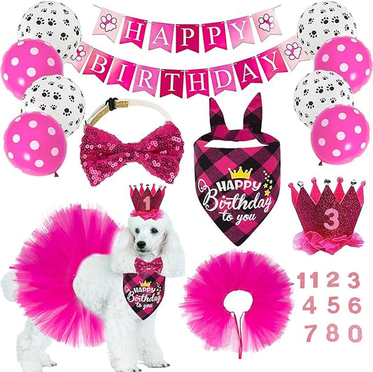 Dog Birthday Bandana Girl Dogs Birthday Party Supplies with Red Tutu Crown Scarf Numbers Red Bowtie Tutu Skirt Paw Balloons for Girl Dog Birthdays Decorations Supplies