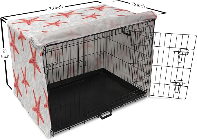 Lunarable Starfish Dog Crate Cover, Tropical Ocean with Sea Bubbles on Wavy Spiral Backdrop, Easy to Use Pet Kennel Cover for Cats & Medium Dogs, 30 Inch, Dark Coral Salmon