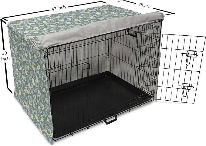 Lunarable Spring Dog Crate Cover, Pastel Tone Romantic Blossoming Flowers Pattern Vintage Garden Art, Easy to Use Pet Kennel Cover for Medium Large Dogs, 42 Inch, Cadet Blue Eggshell