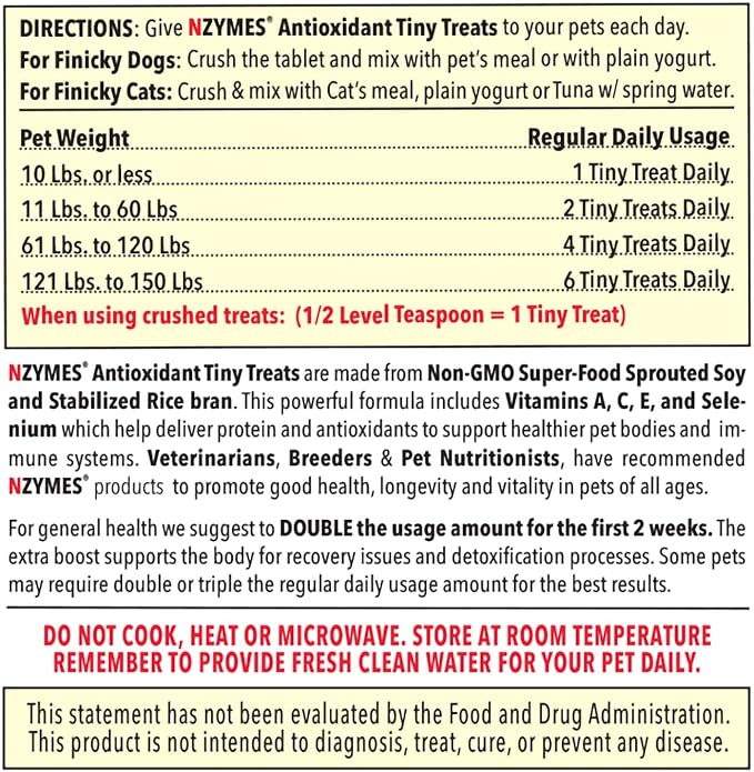 Nzymes® Antioxidant Tiny Treats - for Dogs Joints, HIPS, Paralysis, Skin, Coat, Hair Loss, Aging, Digestion, Seizures - Dog Treats for Small Dogs - 540 Treats - Made in The USA