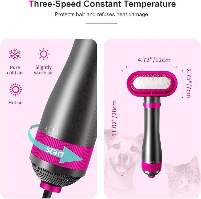 Pet Hair Dryer, 2-in-1 Dog Hair Blower with Brush, 3-Modes Blow Professional Home Grooming Drying for Small Large Cat Puppy Purple