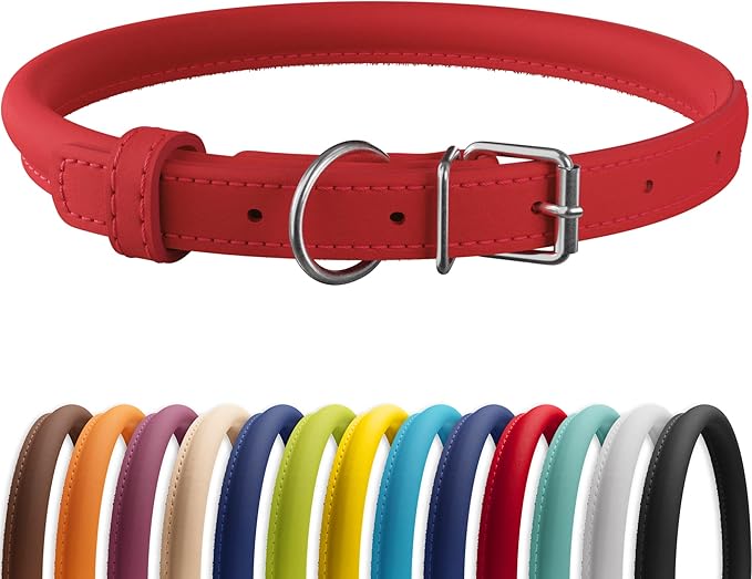 CollarDirect Rolled Leather Dog Collar, Soft Padded Round Puppy Collar, Handmade Genuine Leather Collar Dog Small Large Cat Collars 13 Colors (11-14 Inch, Red Smooth)