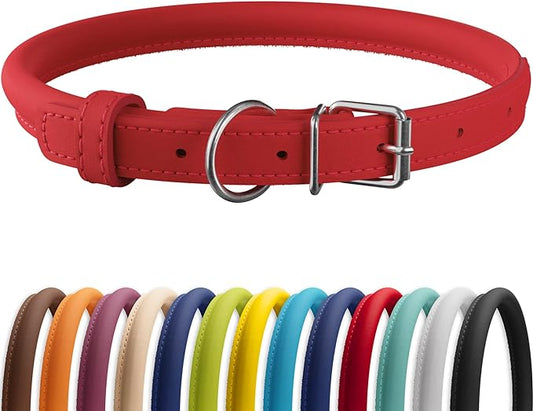 CollarDirect Rolled Leather Dog Collar, Soft Padded Round Puppy Collar, Handmade Genuine Leather Collar Dog Small Large Cat Collars 13 Colors (18-22 Inch, Red Smooth)