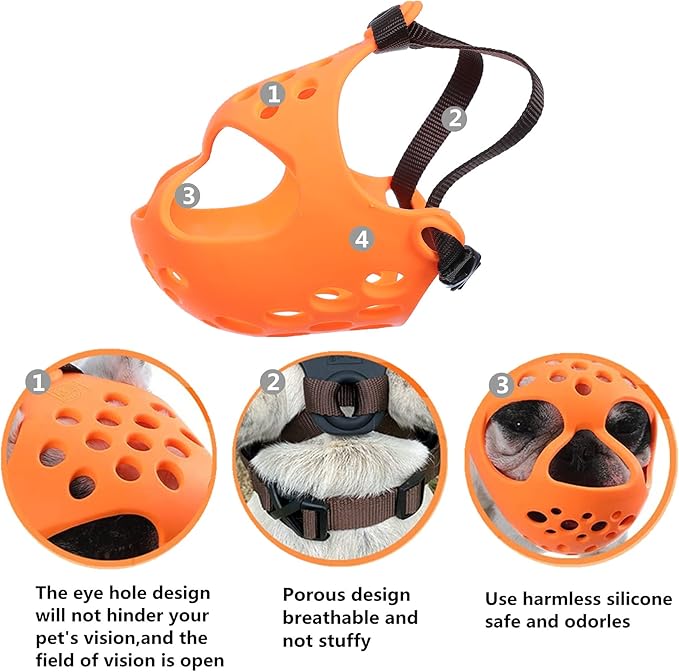 Short Snout Dog Muzzles,Soft Silicone Adjustable Breathable Bulldog Muzzle for Biting Chewing Barking Training,Ideal for Flat-Faced Dogs (S, Orange)