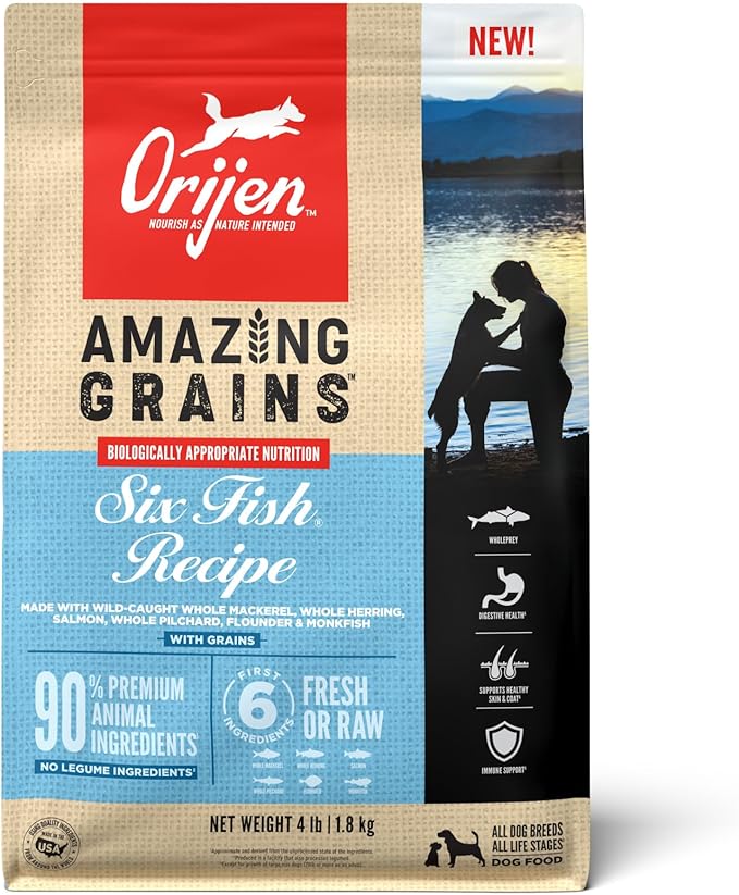 ORIJEN Amazing Grains Six Fish Recipe Dry Dog Food, High Protein Dog Food, Fresh or Raw Ingredients, 4lb