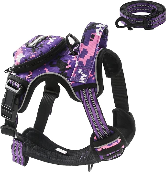No Pull Dog Harness for Medium Dogs, Adjustable No Choke Pet Vest with Dog Leash Fit Smart Reflective Pet Walking Harness for Training Easy Control Soft Handle Purple Camo M