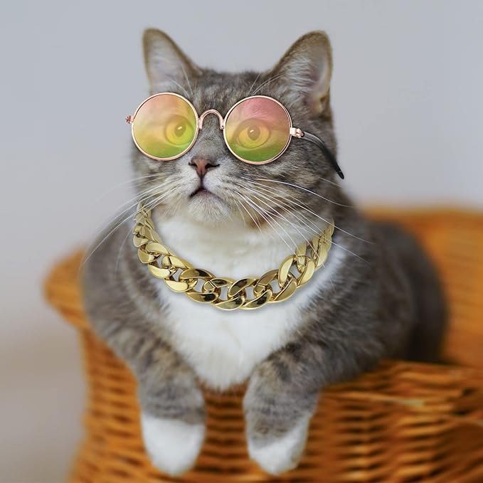 Weewooday 6 Pieces Dog Cat Costume, Pet Sunglasses and Summer Straw Hat with Faux Gold Chain Collar, Classic Funny Pet Accessories for Cat Puppy Small Medium Dog(Cool Style,Stylish Colors)