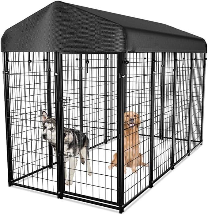 Dog Kennel Outside with Roof, 8'x6'x4' Outdoor Dog Kennels for Large Dogs, Heavty Duty Welded Dog Crate Playpen with UV-Resistant Waterproof Cover