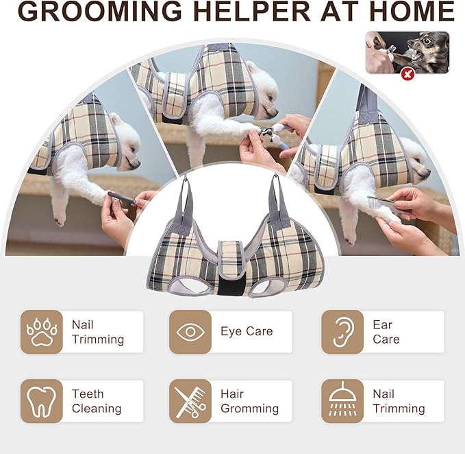 BEAUTYZOO Dog Grooming Hammock, Medium Dog Sling for Nail Trimming, Dog Hanging Harness for Claw Care with Thick Fabric Neck Support Wide Strap Restraint Cat Grooming Hammock, Beige L