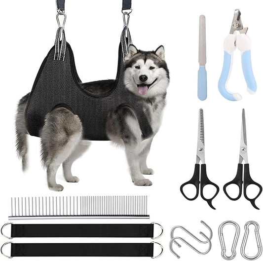 BLUECOW Nail Trimming Hammock for Dogs, 12 in 1 Dog Grooming Set, Restraint Bag Including Nail Clipper, Trimmer, Scissors, Nail File and Comb