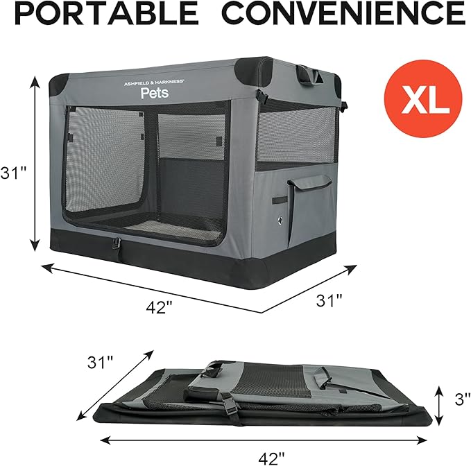 Ashfield & Harkness: Collapsible Soft Dog Crate - 42" - Gray, Sherpa Lined Mat, Durable Mesh Windows, Portable Foldable Pet Kennel, Indoor & Outdoor