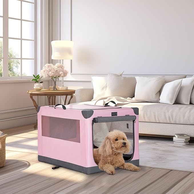 PETSFIT Travel Dog Crate, with Patented Adjustable Fabric Cover, Chewproof & Lockable Mesh Doors, Waterproof Base Portable Kennel Pink 26 Inch
