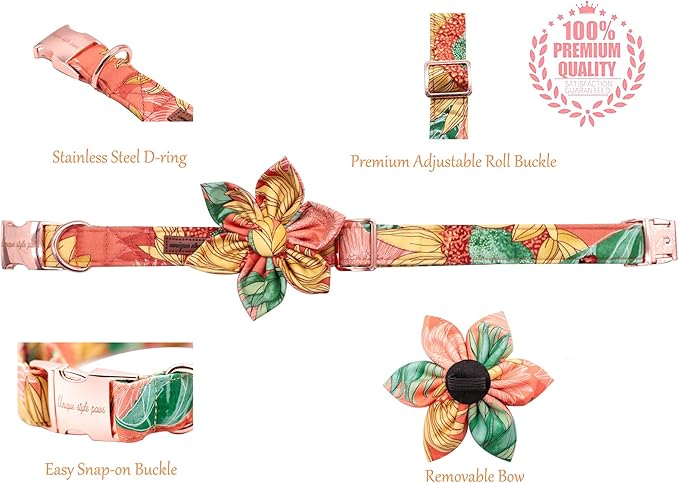 Uniqe Style Paws Flower Dog Collar, Adjustable Girl Dog Collar with Flower, Durable Sunflower Floral Pattern Pet Collar for X-Large Female Dogs
