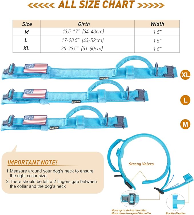 AUBELL Reflective Tactical Dog Collar with Handle, Heavy Duty Military Durable Thick Dog Collar with Metal Buckle Great for Medium Large Dogs, with Airtag Case and 2 Patches(Blue, L)