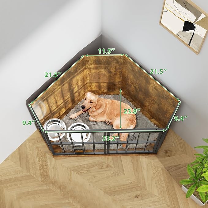 Medium Dog Crate Furniture, 42” Heavy Duty Corner Dog Crate with 2 Stainless Steel Bowls, Dog Kennel Furniture Style House, Wooden Decorative Pet House End Side Table, Chew-Resistant, Rustic