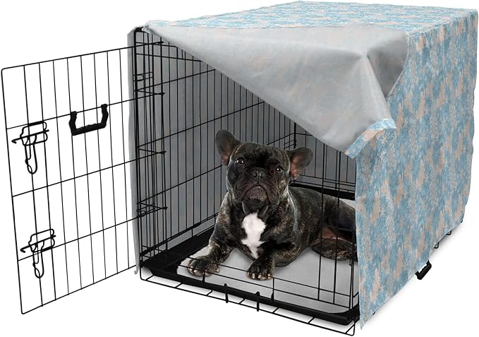Lunarable Yellow and Blue Dog Crate Cover, Gentle Spring Inspired Flourish Motifs Feminine Bouquet, Easy to Use Pet Kennel Cover for Cats & Medium Dogs, 24 Inch, Blue Grey