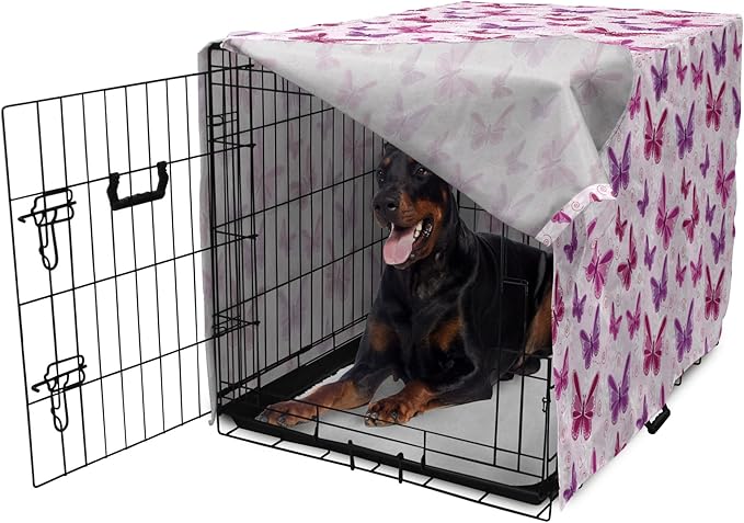 Ambesonne Purple Dog Crate Cover, Abstract Butterflies on Floral Background Feminine Romance Illustration, Easy to Use Pet Kennel Cover for Medium Large Dogs, 42 Inch, Maroon Purple Pale Pink