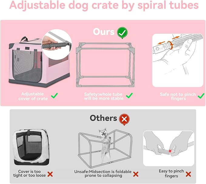 PETSFIT Soft Dog Crate, with Patented Adjustable Fabric Cover, Chewproof & Lockable Mesh Doors, Waterproof Base Collapsible Kennel Pink 30 Inch