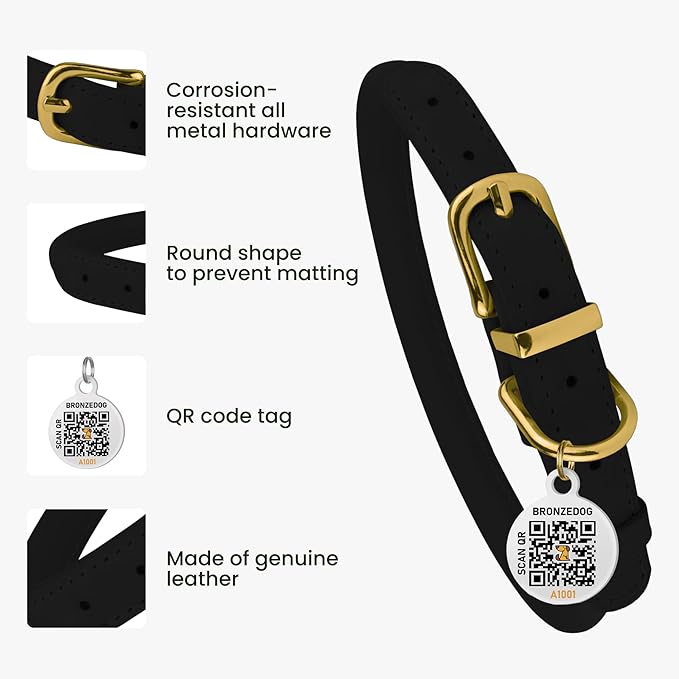 BRONZEDOG Rolled Leather Dog Collar with QR ID Tag Adjustable Soft Round Collars for Small Medium Large Dogs Puppy Cat (9" - 11" Neck Size, Black Night)