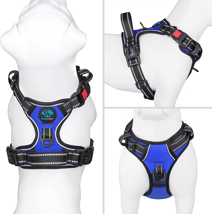 PHOEPET No Pull Dog Harness Medium Reflective Front Clip Vest with Handle,Adjustable 2 Metal Rings 3 Buckles,[Easy to Put on & Take Off](M, Royal Blue)
