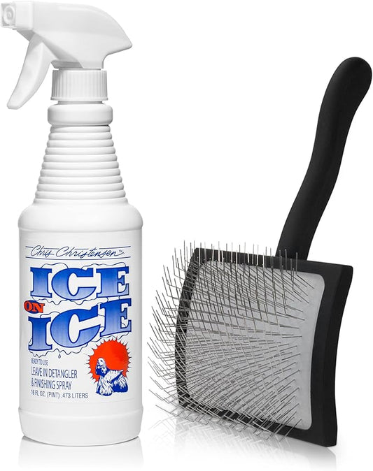 Chris Christensen Ice on Ice Detangler & Finishing Spray Adds Elasticity & Strength + Big K Slicker Large Brush for Detangling and Fluffing